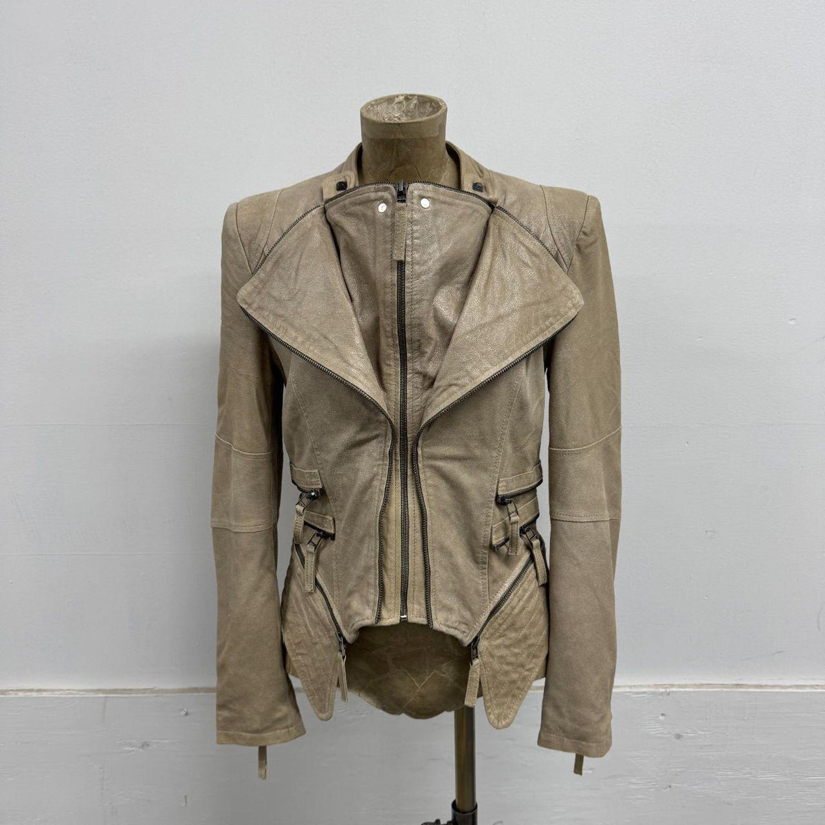 Vintage Beige Funnel Neck Multi-Way Avant Garde Leather Jacket