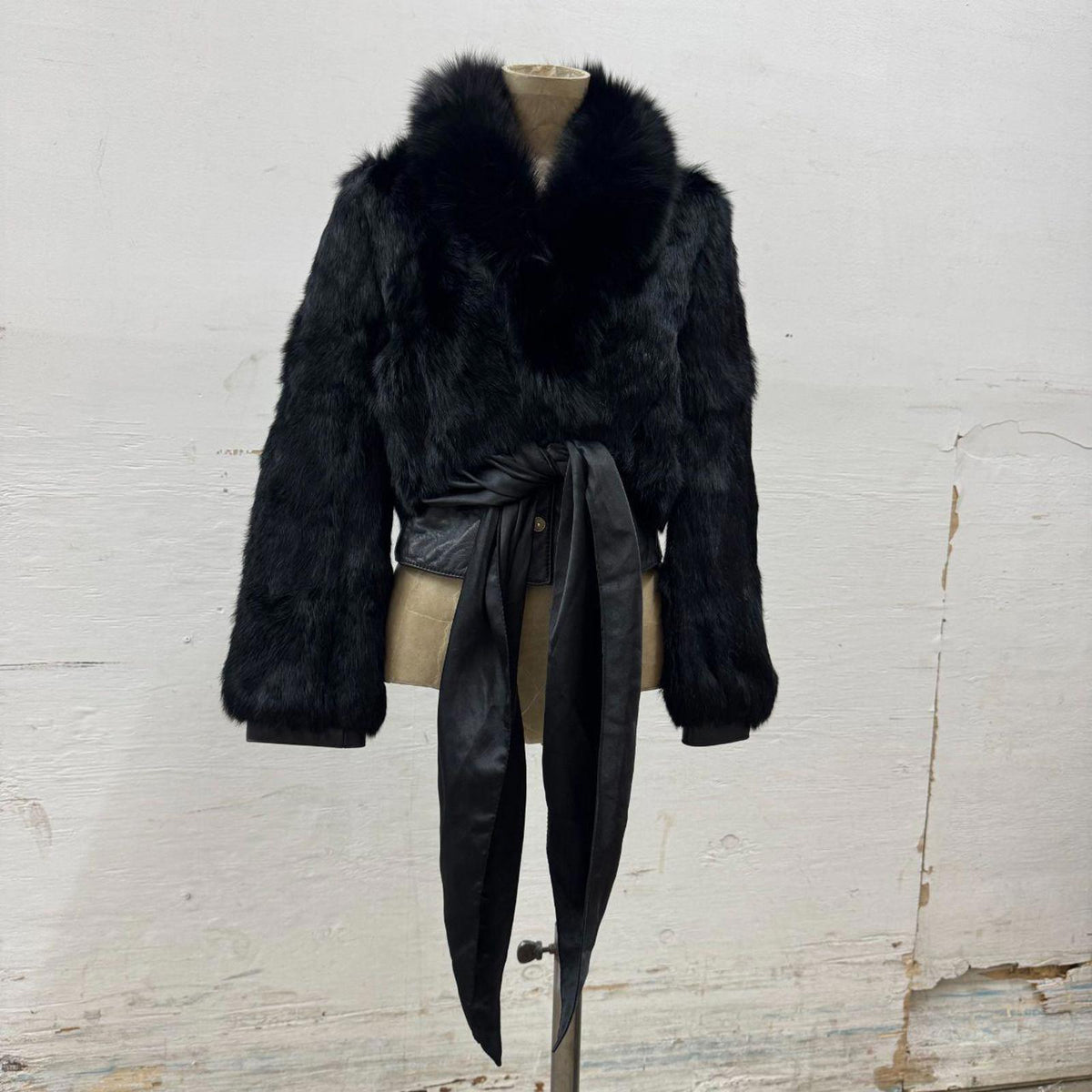 Vintage Y2K Cropped Satin Waist Tie Rabbit Fur & Leather Jacket Coat