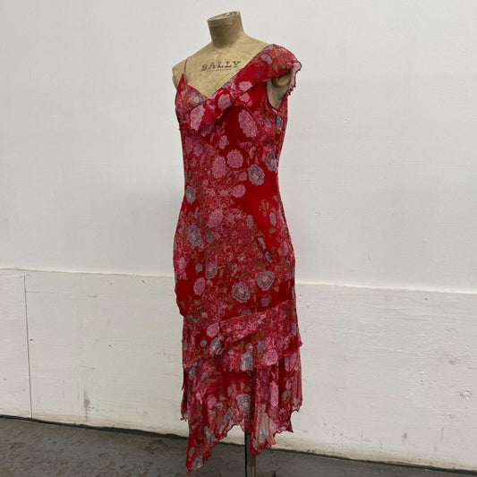 Vintage Etam Silk Floral Asymmetric Layered Dress Red Y2K