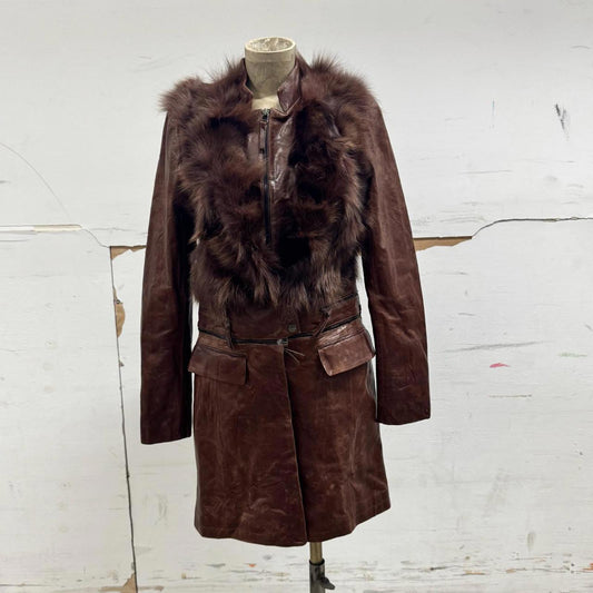 Vintage Brown Leather & Fox Fur Detachable Multi-way Statement Coat