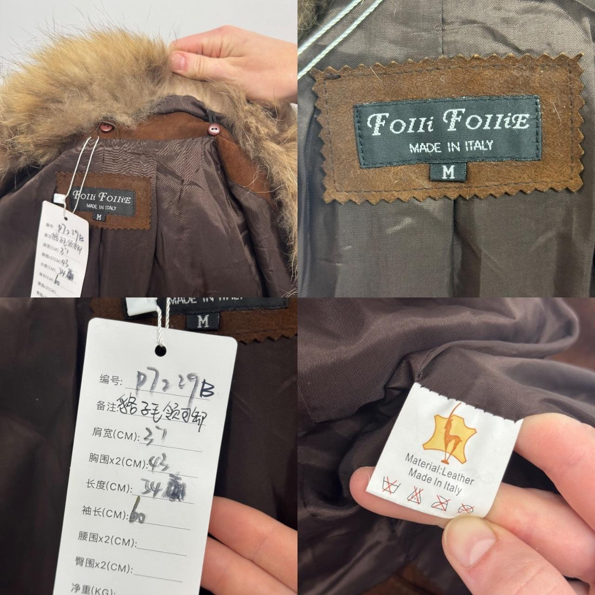 Vintage Folli Follie Italian Brown Suede Leather Jacket w Raccoon Fur Collar