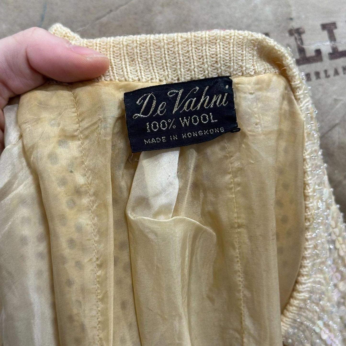 50s 60s Vintage De Vahni Sequined & Beaded Cream Pearlescent Wool Cardigan