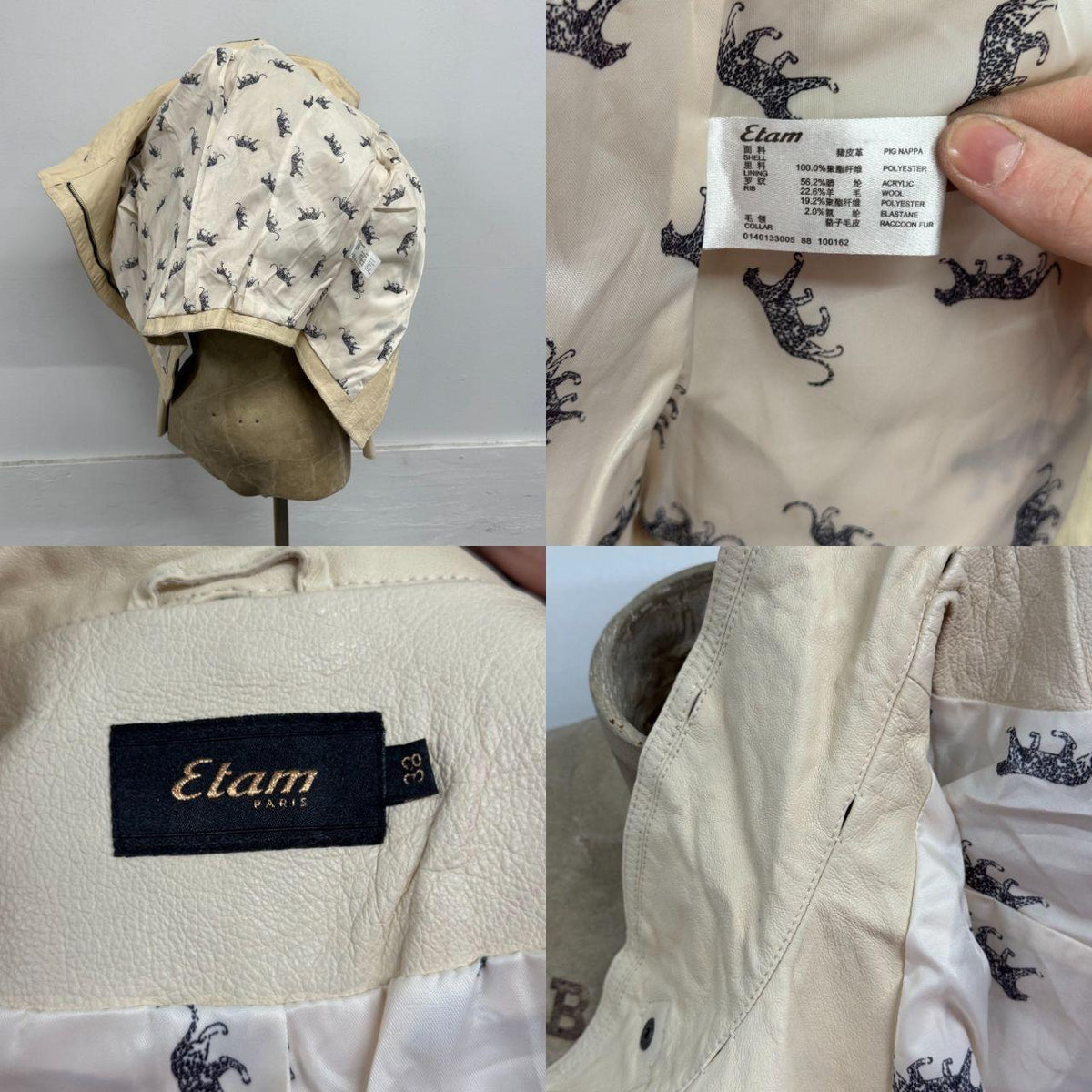 Vintage Cream Funnel Neck Asymmetric Avant Garde Leather Jacket