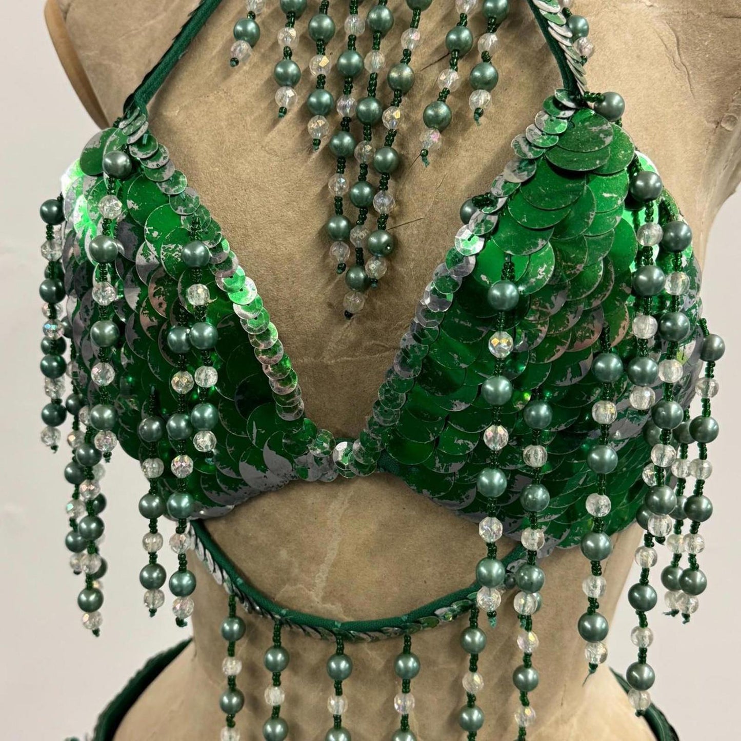 Vintage Green Sequin Showgirl Costume Set – Bra + Belt/Briefs Beaded Fringe