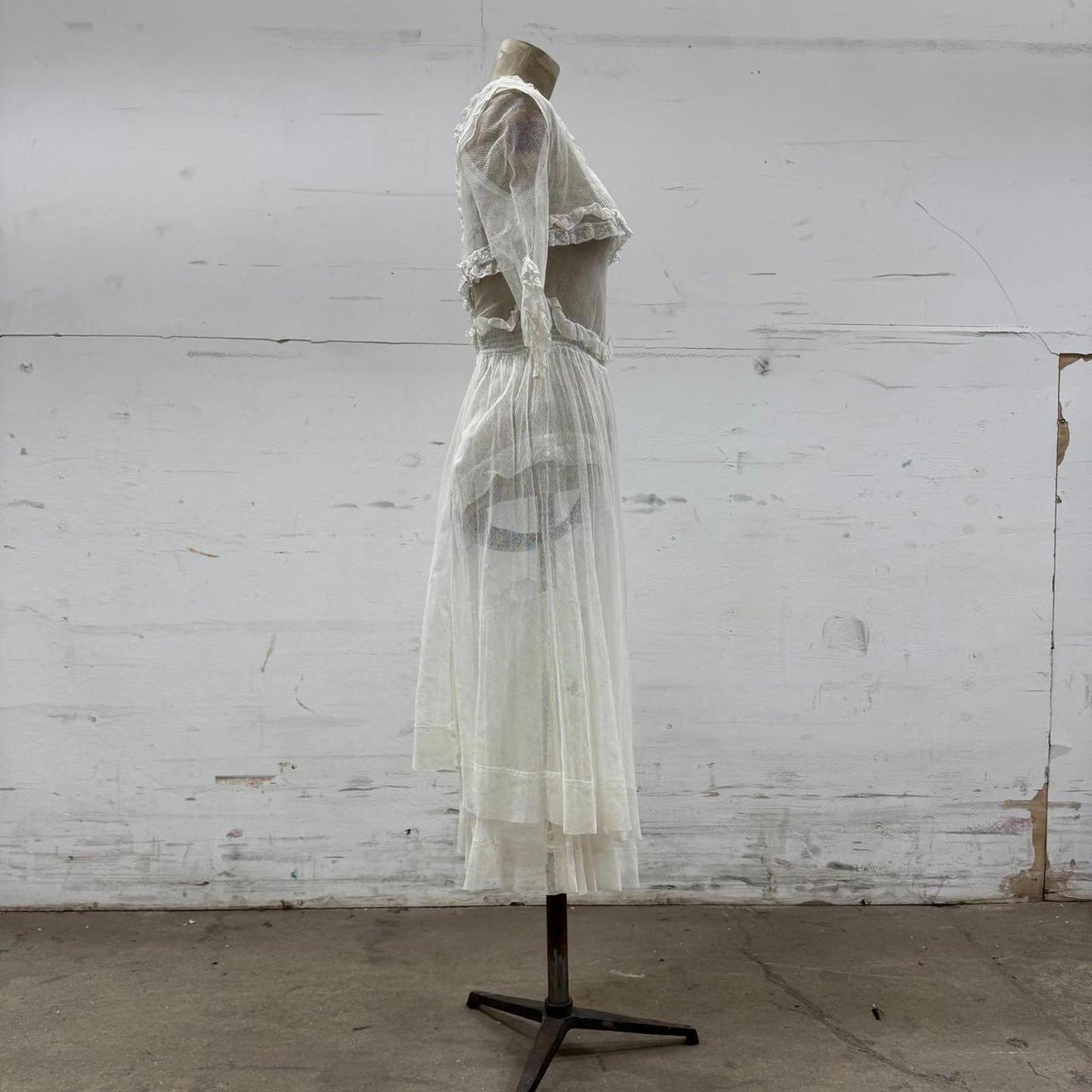 Edwardian Vtg 1910s White Lace Tulle Lingerie Dress Antique