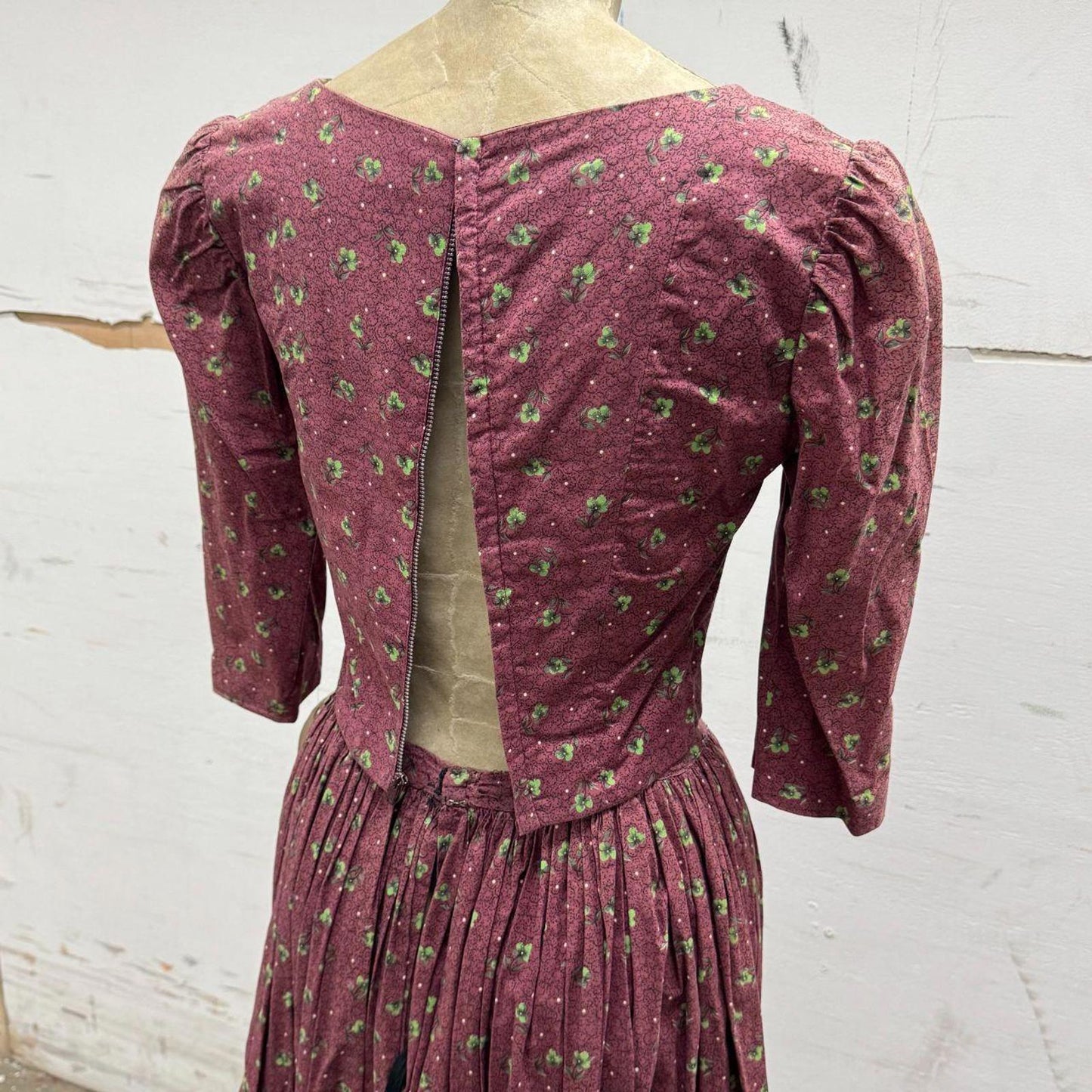 Vintage 50s does 1880s Victorian Burgundy Red Cotton Prairie Gown Film Costume