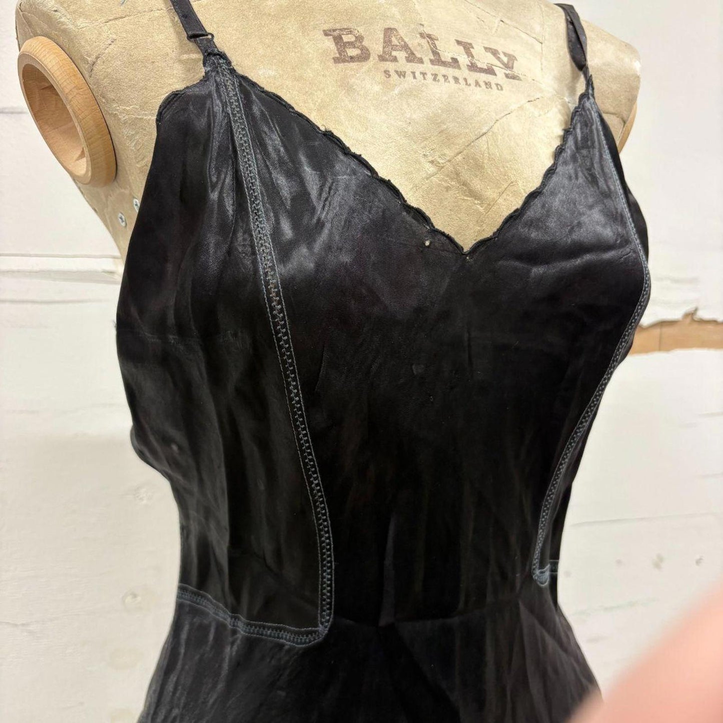 Antique Vintage 1930s 30s Black Bias-Cut Rayon Slip Dress