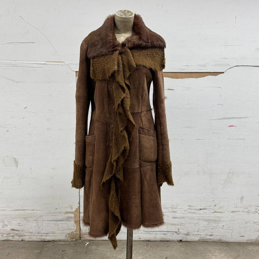Y2K Vintage Stefanel Genuine Leather Suede & Rabbit Fur Brown Longline Jacket