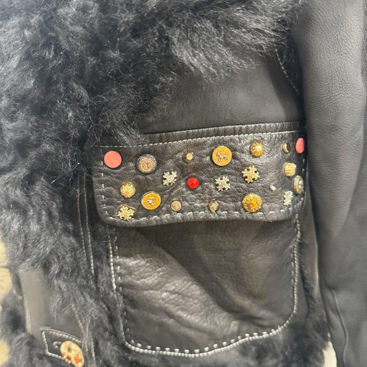 Vintage Black Gold Embellished Leather & Shearling Statement Jacket