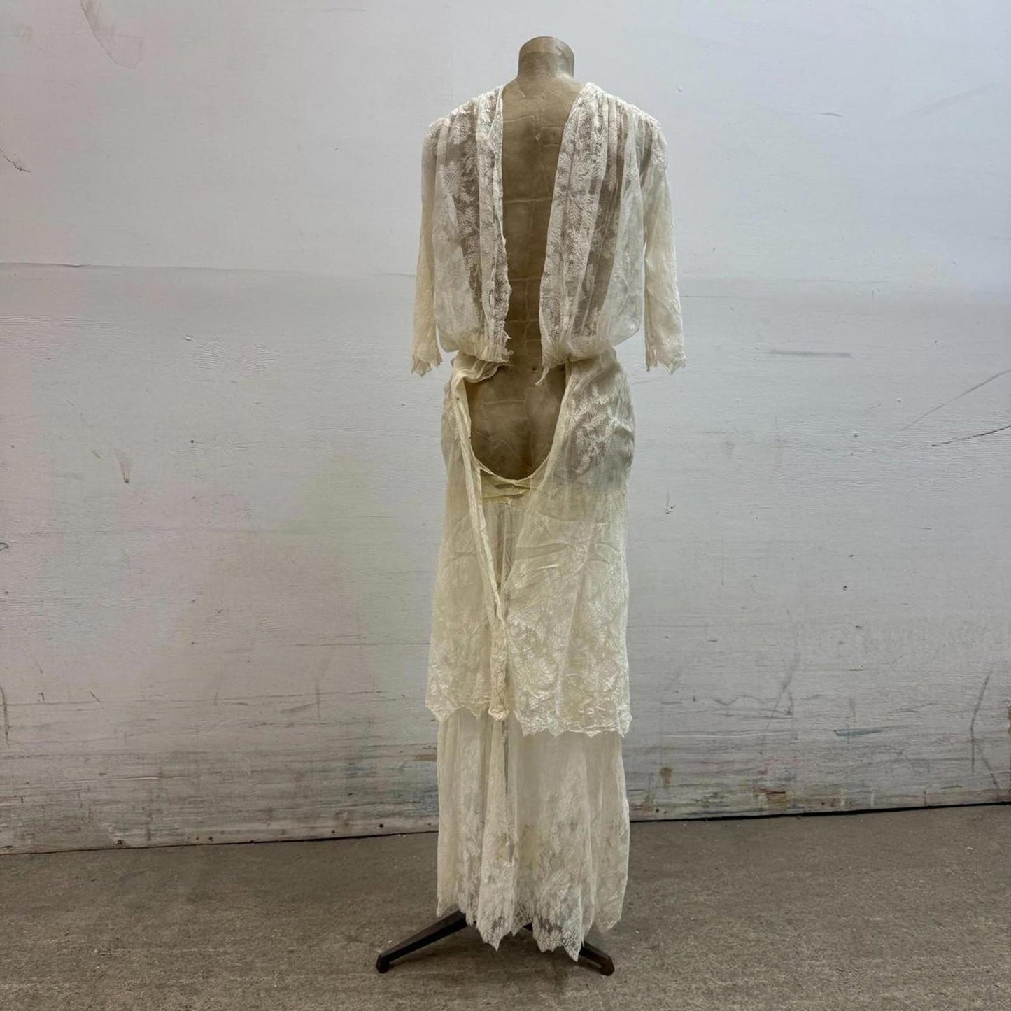 Antique 1910s Edwardian Tea Gown XS White Cotton Lace Dress