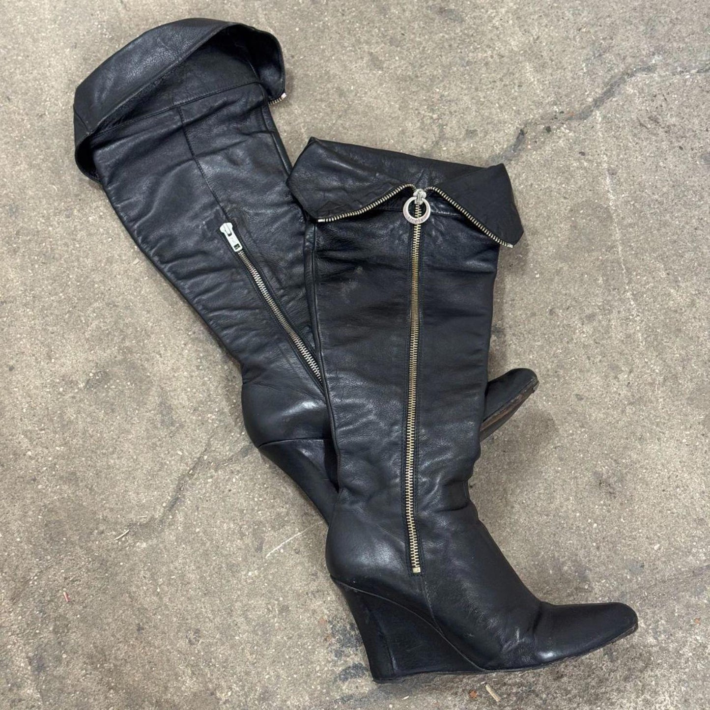 Vintage Sinela Black Leather Wedge Knee High Foldover Pirate Boots - Sz 37 / 7