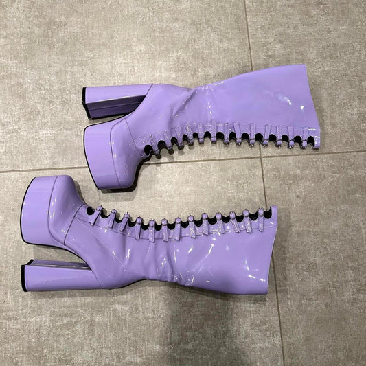 Women's Lilac Patent Leather Platform Lace-Up Ankle Boots
