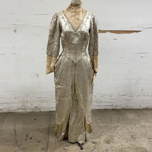 Vintage 50s does 1800s Ivory Jacquard Victorian Style Fringe Dress Film Costume