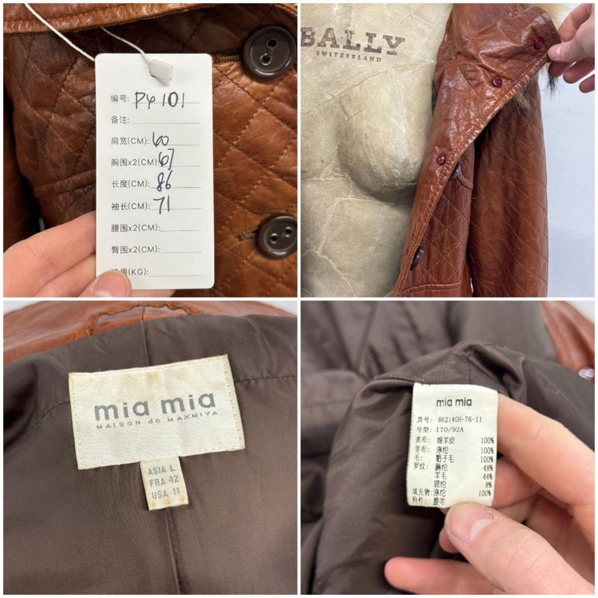 Vintage Cognac Brown Longline Detachable Hood Quilted Leather Jacket