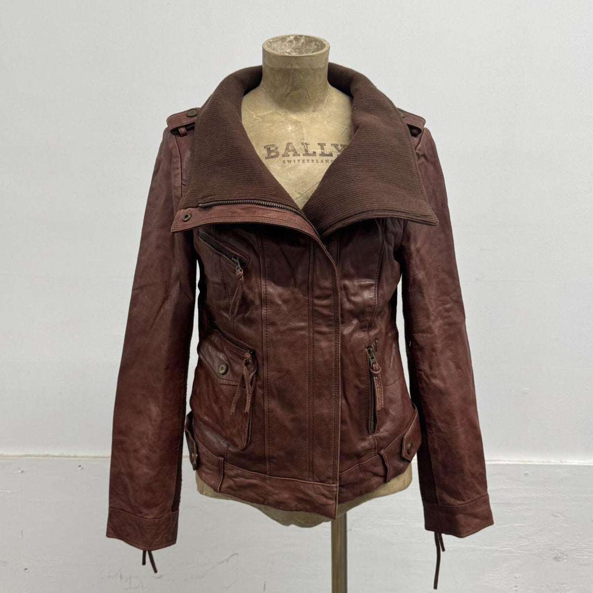 Vintage ONLY Cognac Goat Leather Architectural Funnel Neck Jacket