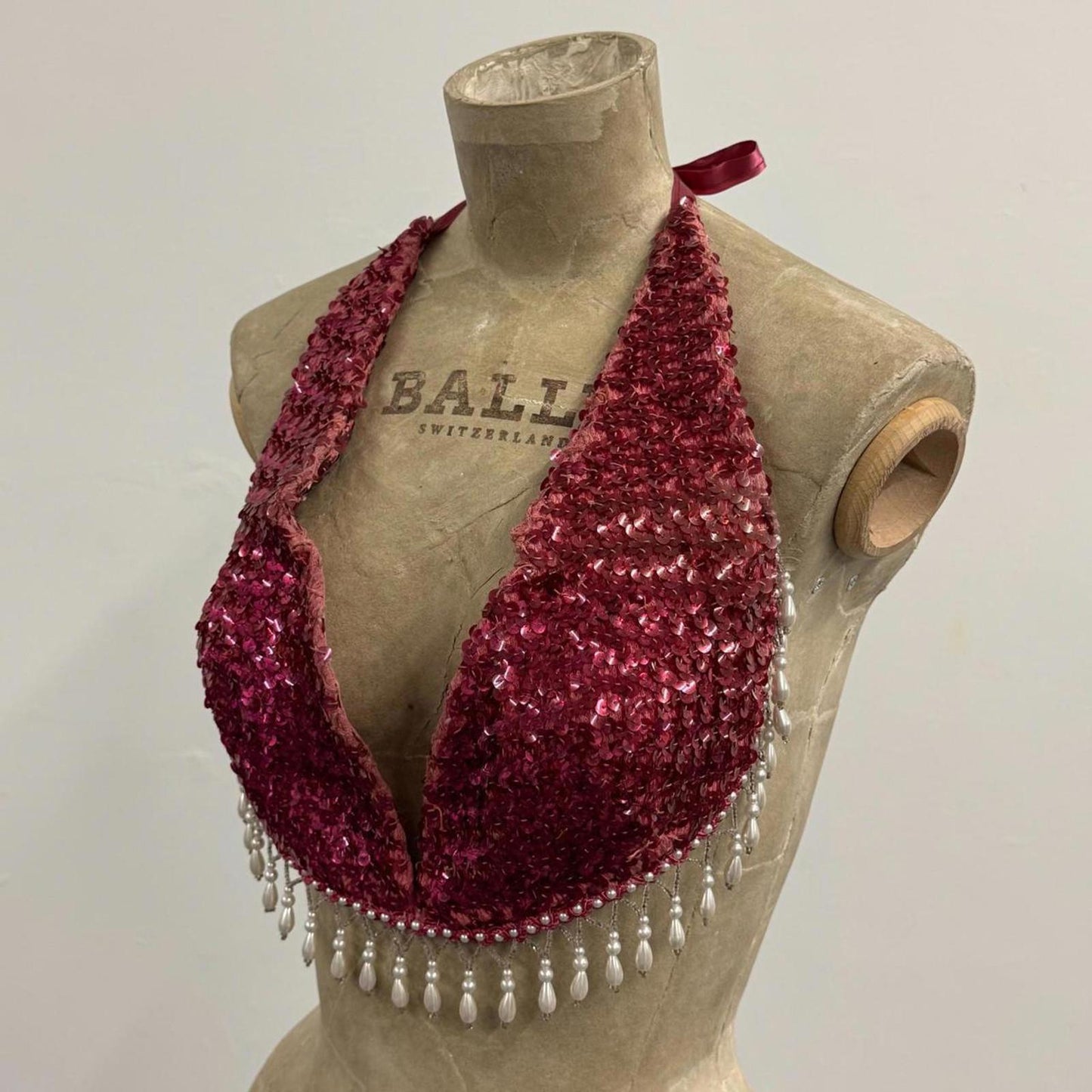 Vintage Showgirl Magenta Sequin Halter Bra Top