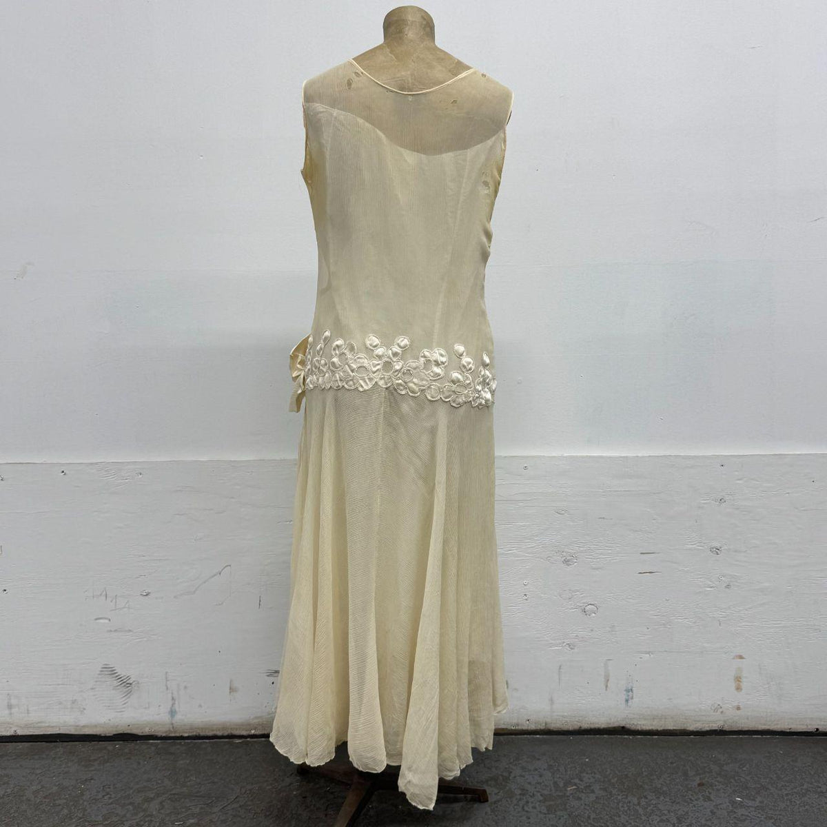 Antique 20s Flapper Drop-Waist Silk Chiffon & Ribbonwork Wedding Gown
