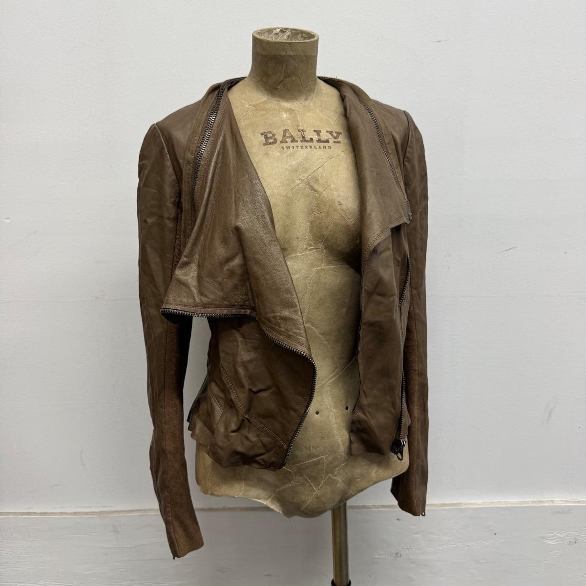Vintage Brown Funnel Neck Asymmetric Avant Garde Leather Jacket