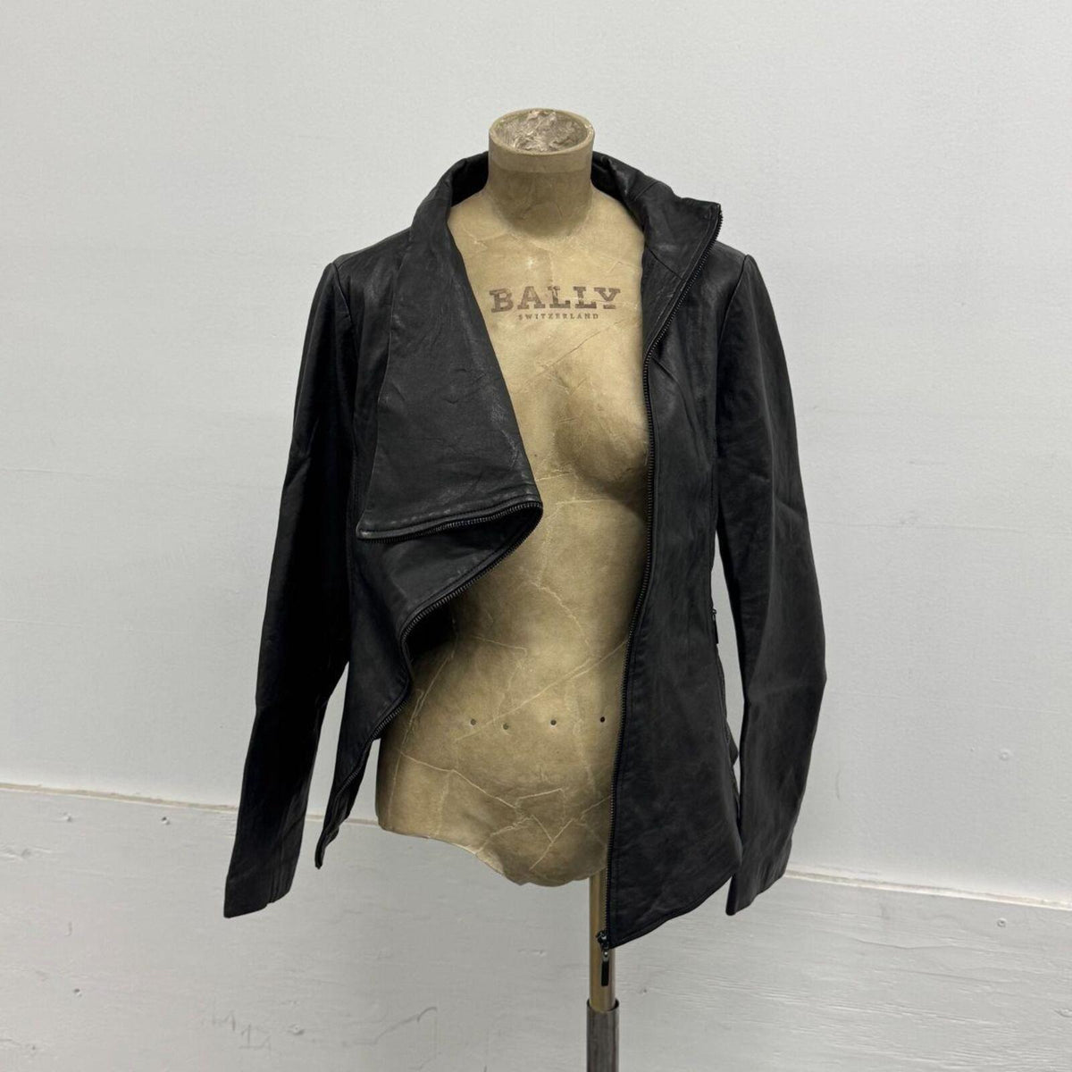 Vintage Black Funnel Neck Asymmetric Avant Garde Leather Jacket
