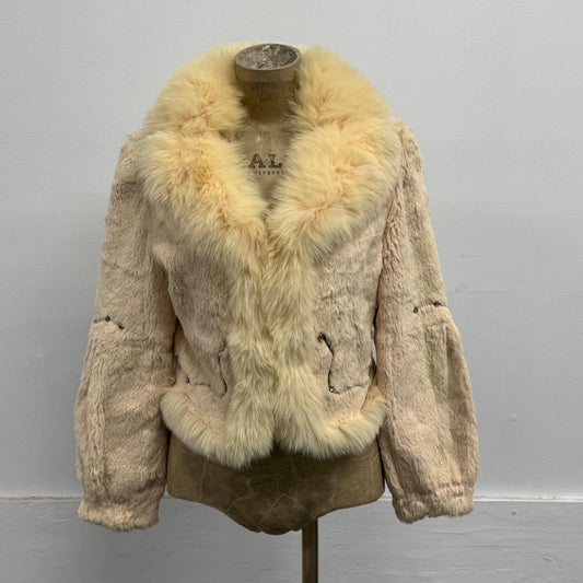 Vintage Y2K Cream Peach Rabbit & Fox Fur Jacket w Rhinestone Details Coat