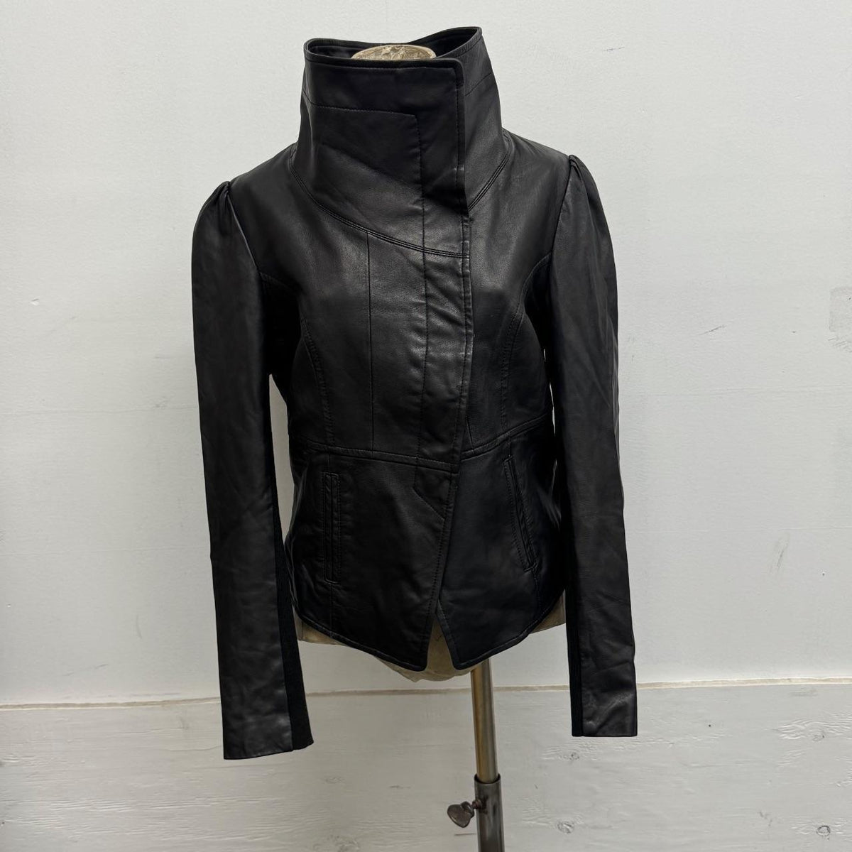 Vintage Black Funnel Neck Asymmetric Avant Garde Leather Jacket
