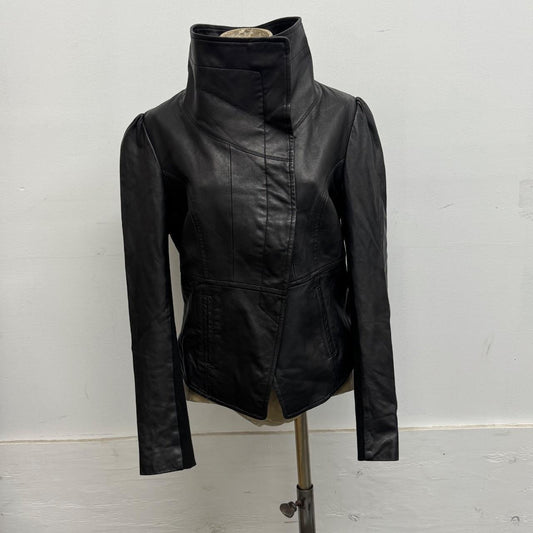 Vintage Black Funnel Neck Asymmetric Avant Garde Leather Jacket