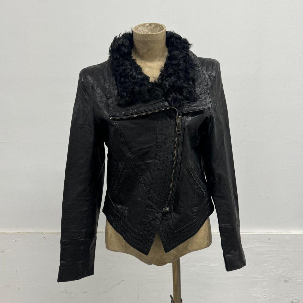Vintage Black Avant-Garde Lambskin Funnel Neck Moto Jacket