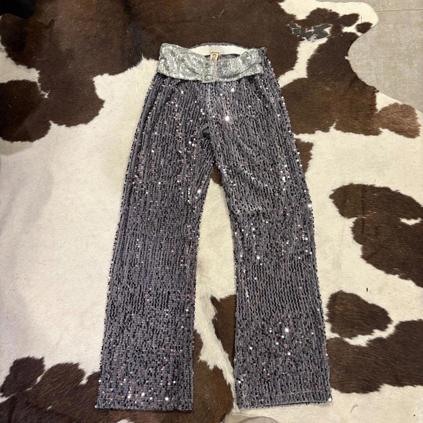Cult Form Silver Sequin Trousers with Rhinestone Belt