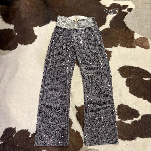 Cult Form Silver Sequin Trousers with Rhinestone Belt