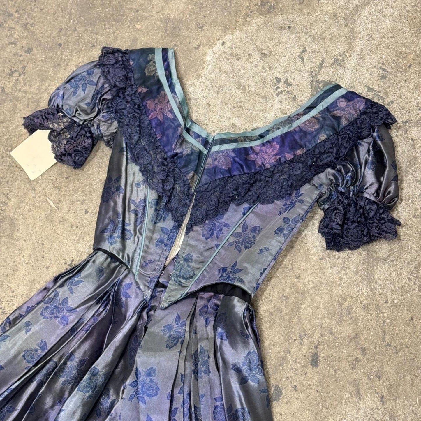 50s Vintage Iridescent Blue Floral Silk Victorian 1800s Style Gown Film Costume