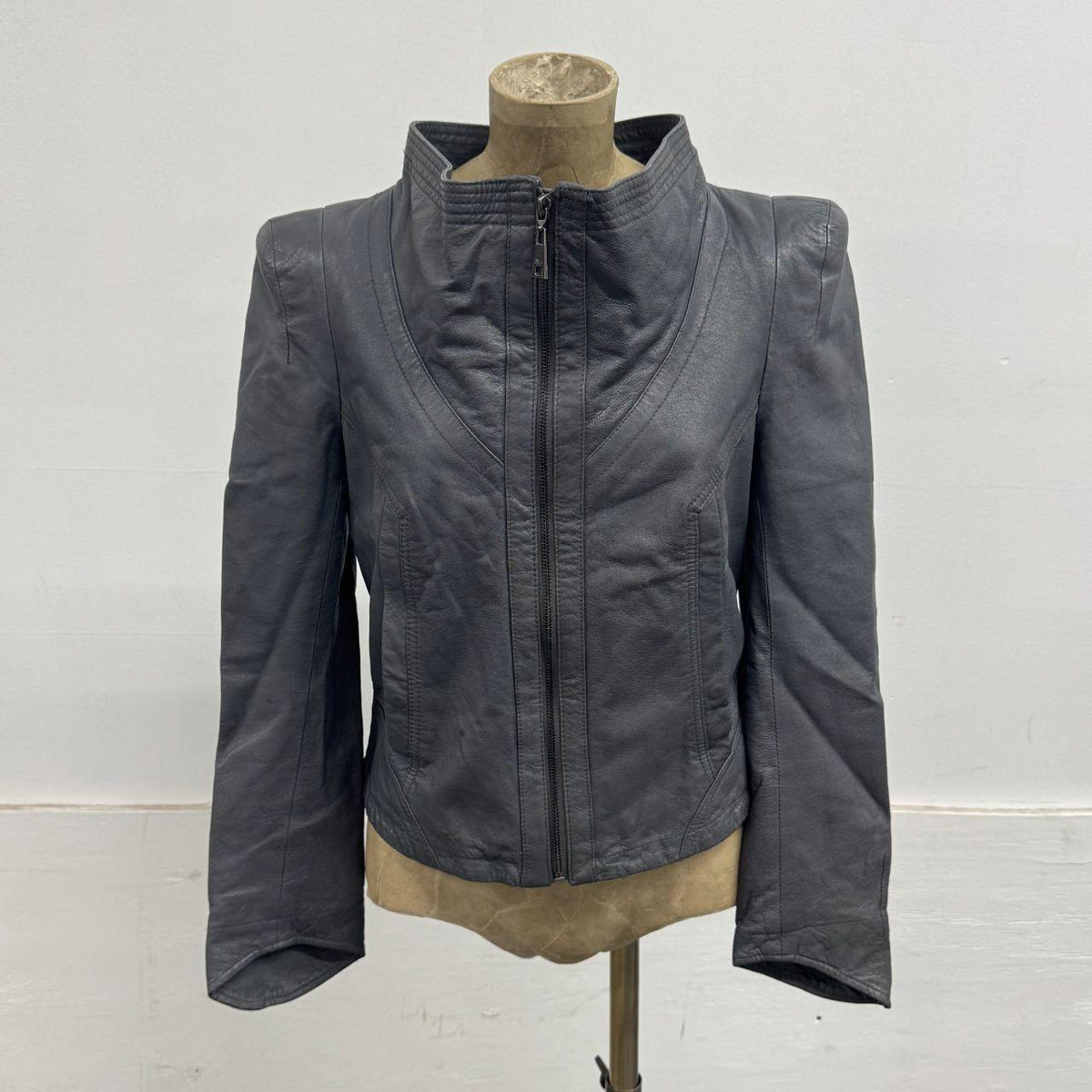 Vintage Grey Funnel Neck Asymmetric Avant Garde Leather Jacket