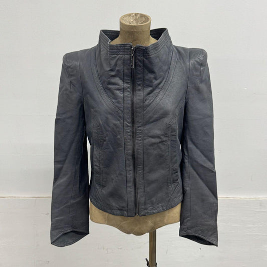Vintage Grey Funnel Neck Asymmetric Avant Garde Leather Jacket