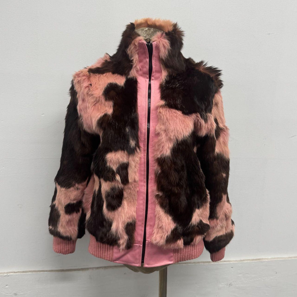 Vintage Y2K Pink Cow Print Rabbit Fur Jacket