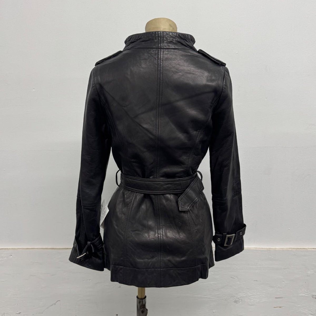 Vintage Black Belted Funnel Neck Longline Avant Garde Leather Jacket