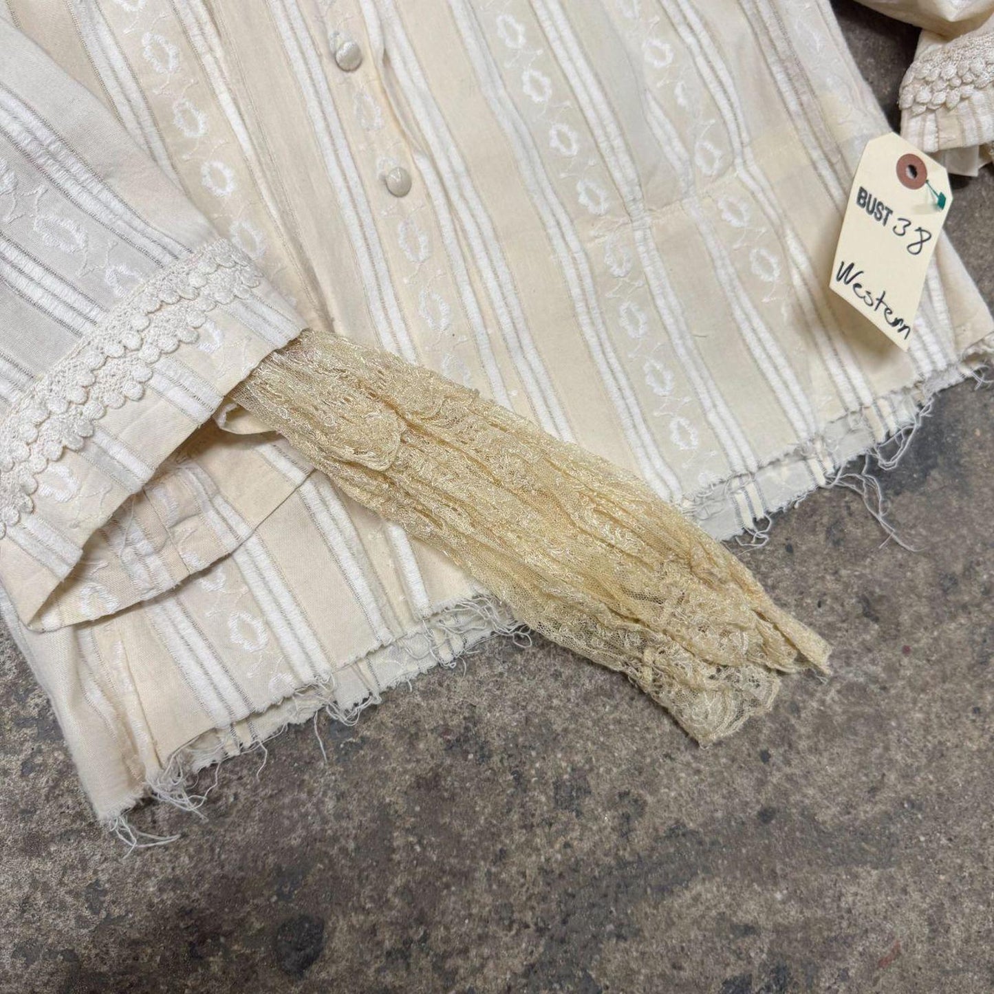Vintage Film Costume 40s 50s Does Victorian Antique Style Ivory Striped Blouse M
