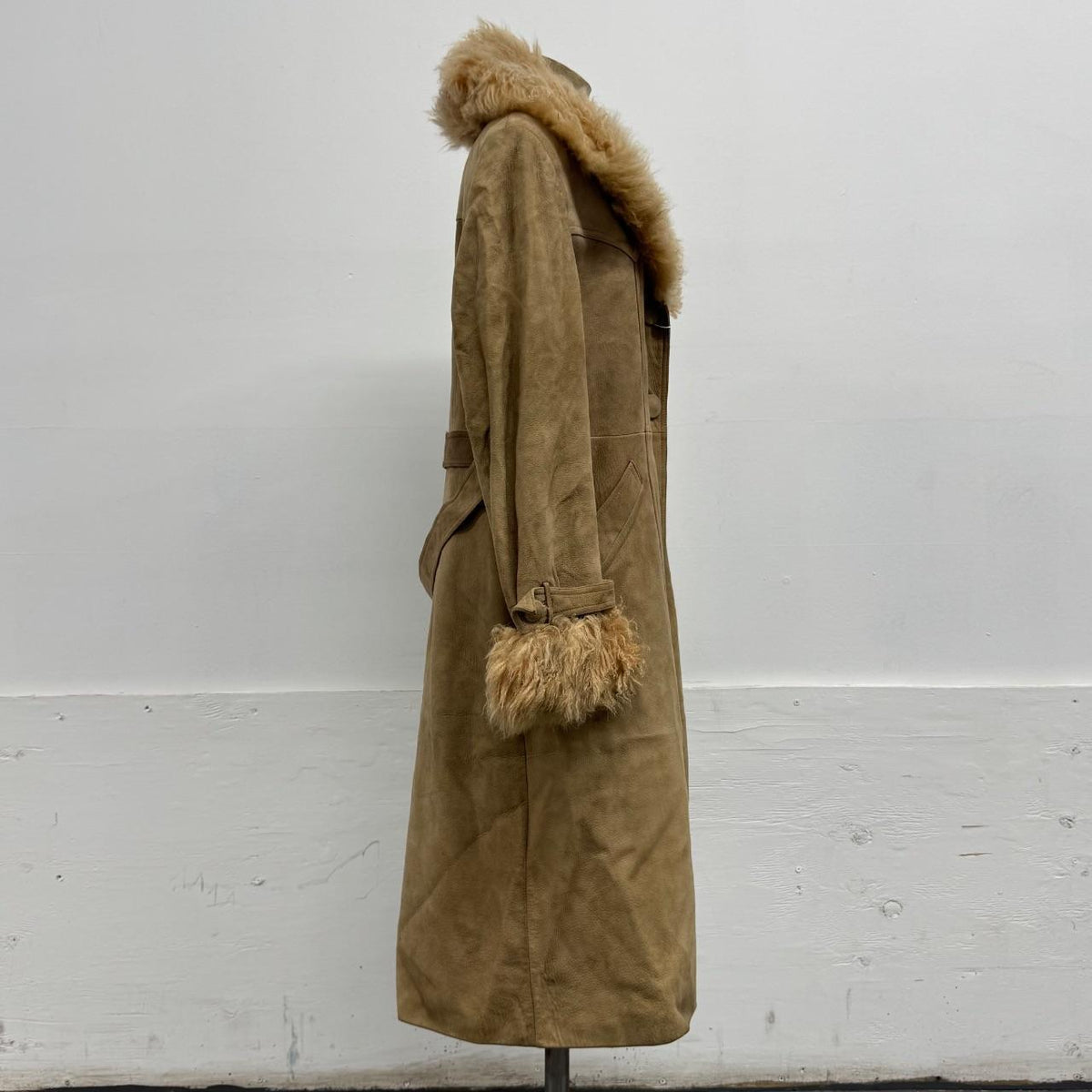 Vintage 1970s Tan Suede Afghan Trench Coat Mongolian Lamb Trim
