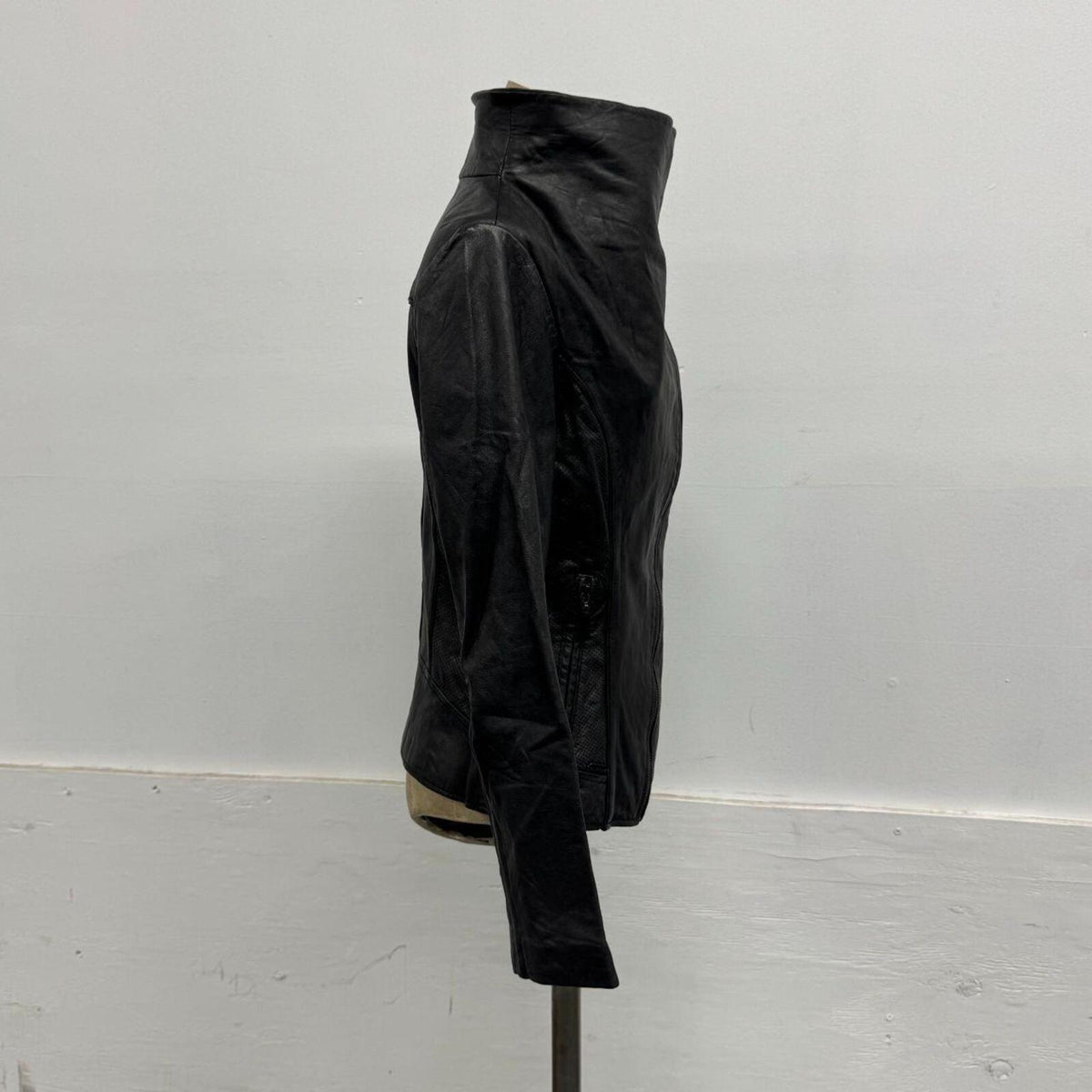 Vintage Black Funnel Neck Asymmetric Avant Garde Leather Jacket