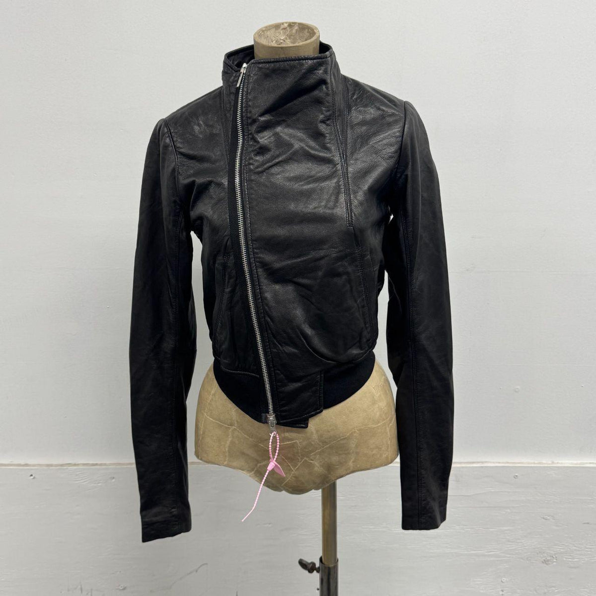 Vintage Black Funnel Neck Asymmetric Avant Garde Leather Jacket