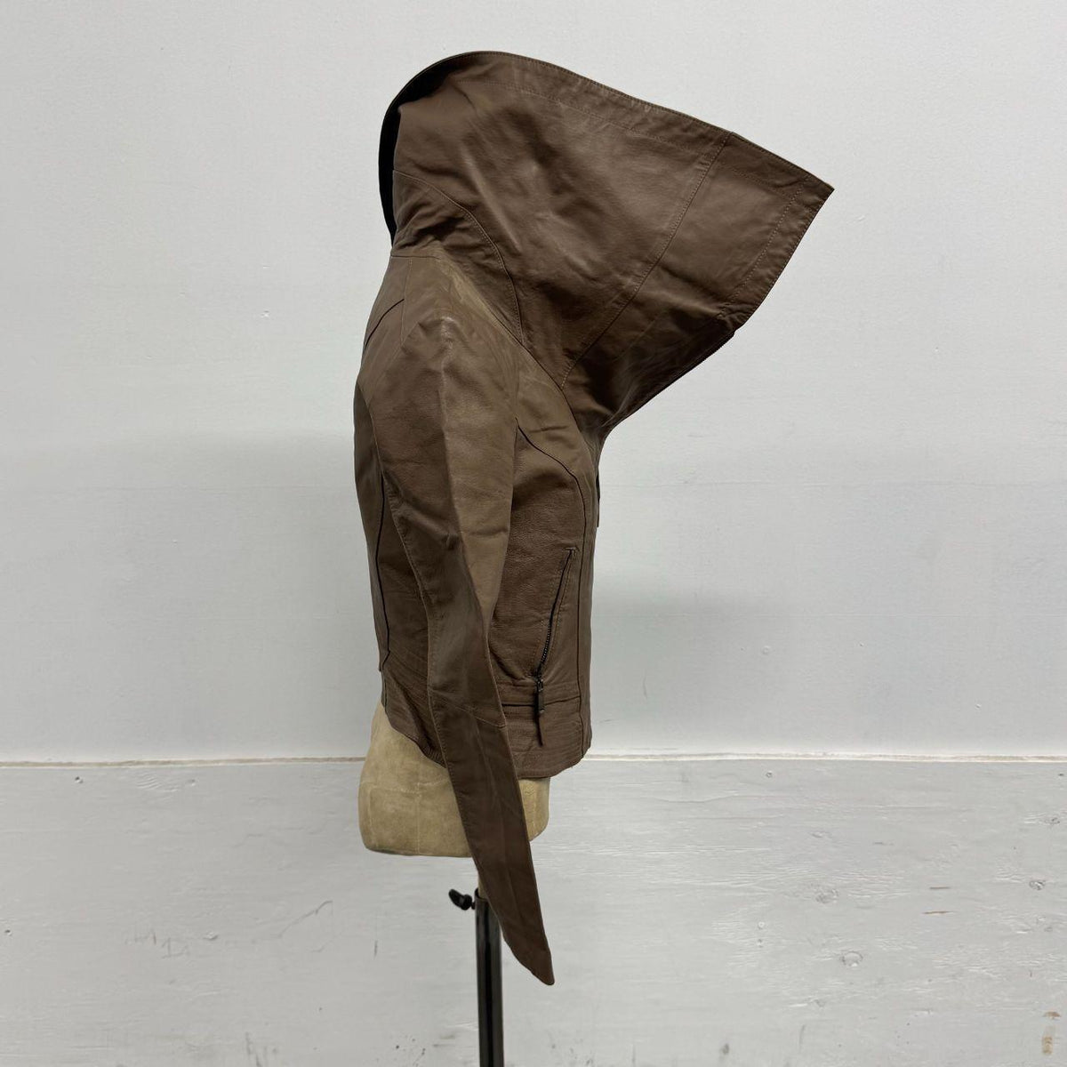 Vintage Brown Funnel Neck Asymmetric Avant Garde Leather Jacket