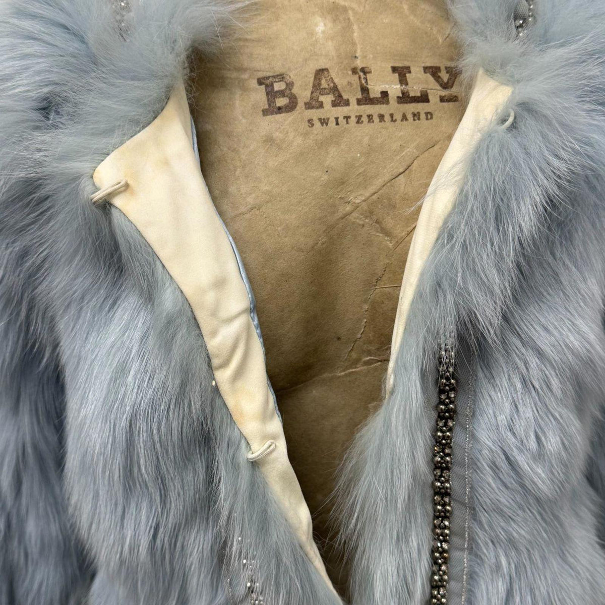 Vintage Y2K Beaded Ice-Blue Fox Fur Cropped Jacket Coat
