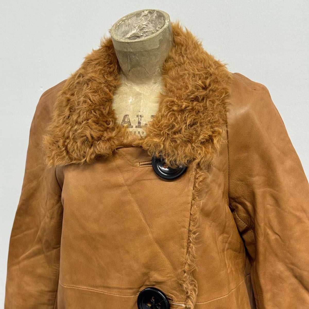 Vintage Camel Tan Leather Shearling Mod Swing Coat w Oversized Buttons