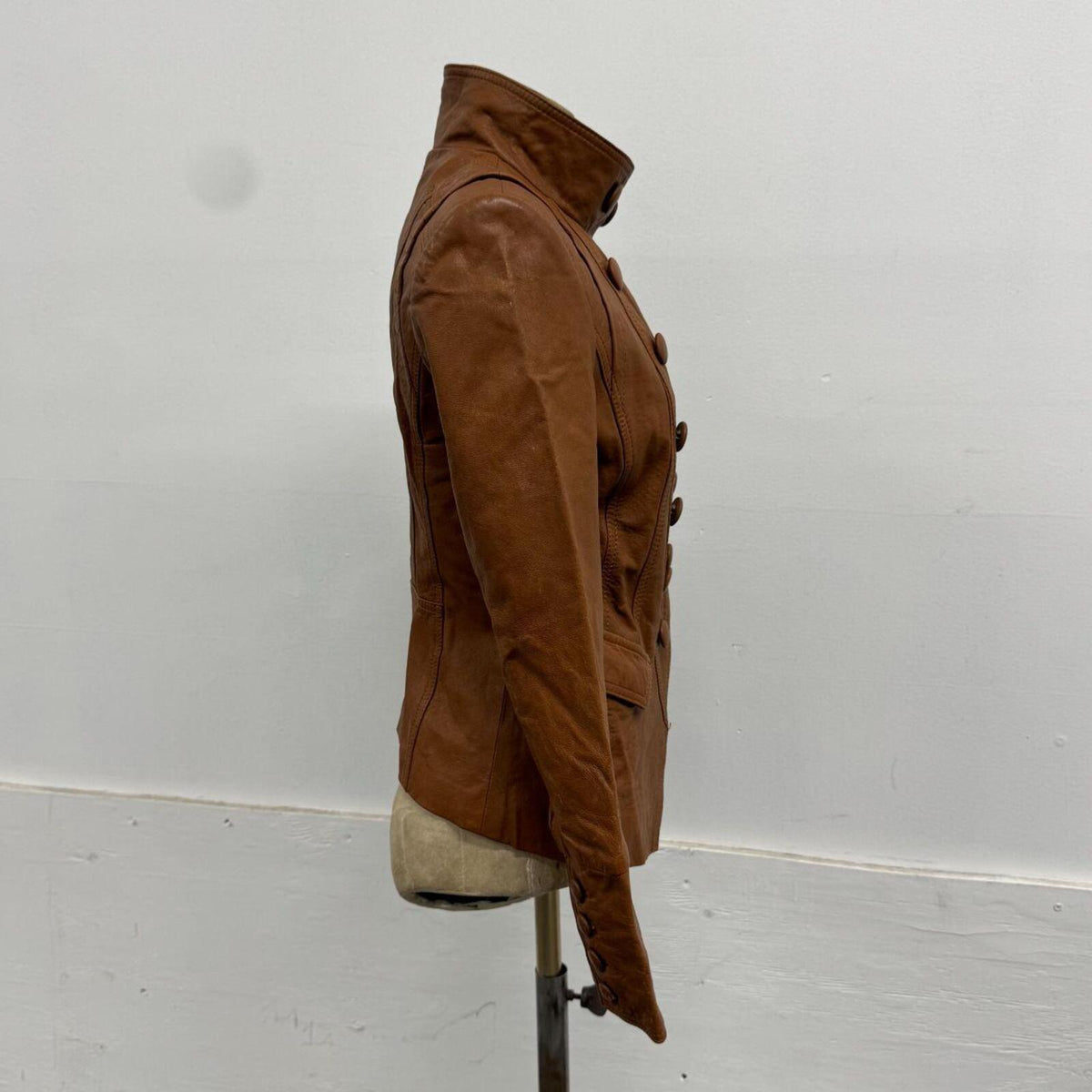 Vintage Cognac Brown Military Funnel Neck Leather Jacket