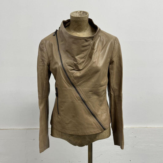 Vintage Tan Cowl Funnel Neck Asymmetric Avant Garde Leather Jacket
