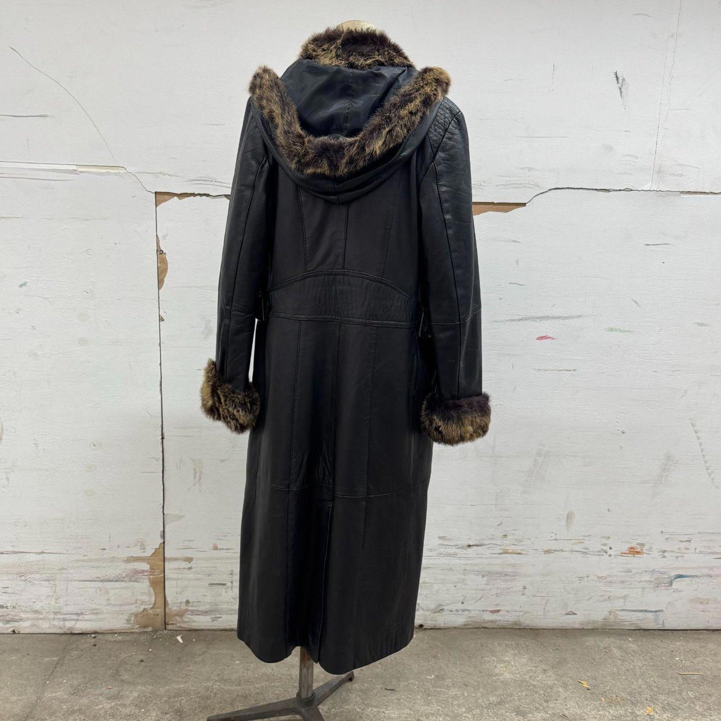 90s Vintage Kri-u Leather & Rabbit Fur Hooded Trench Coat