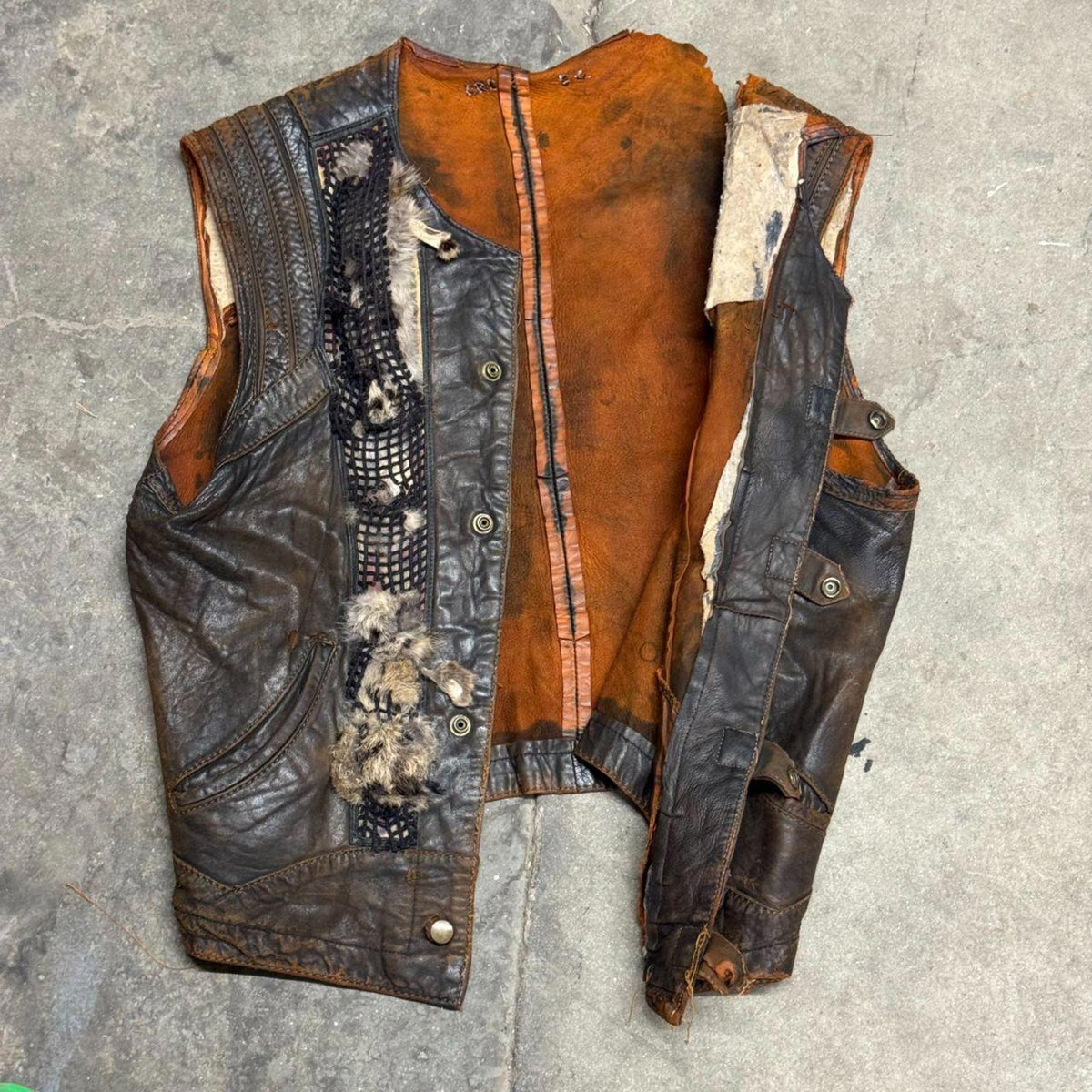 Vintage 60s 70s Leather Fur Western Film Costume Vest Distressed Thrashed