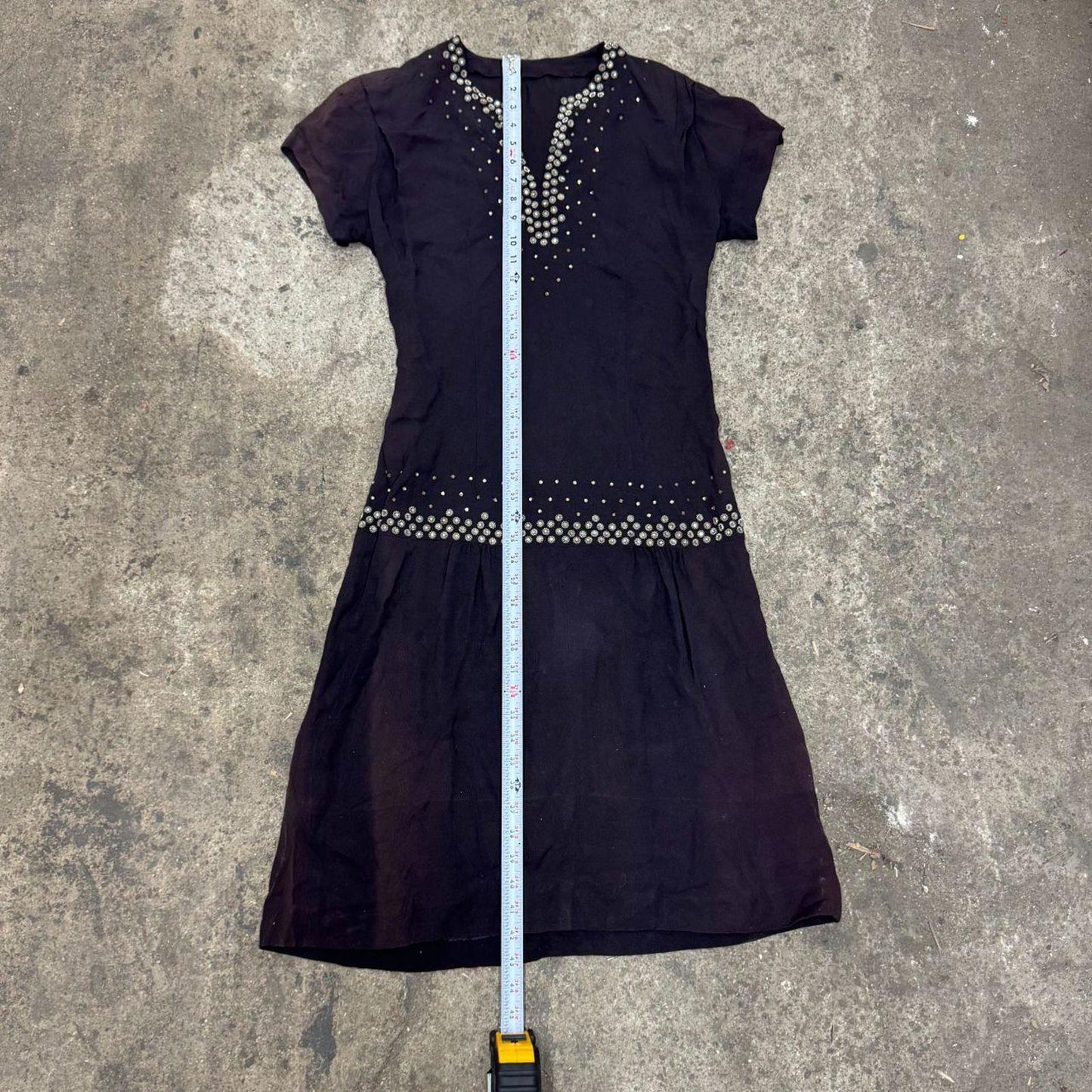 Vintage Antique 1920s 20s Black Rhinestone Studded Flapper Drop-Waist Dress