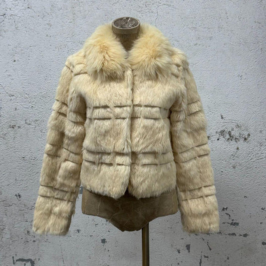 Vintage Y2K Cream Rabbit & Fox Fur Crop Jacket Coat