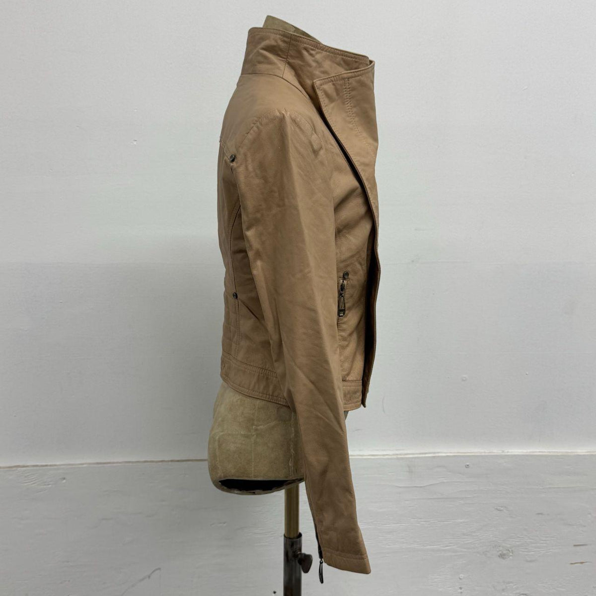 Vintage Tan Funnel Neck Asymmetric Avant Garde Leather Jacket