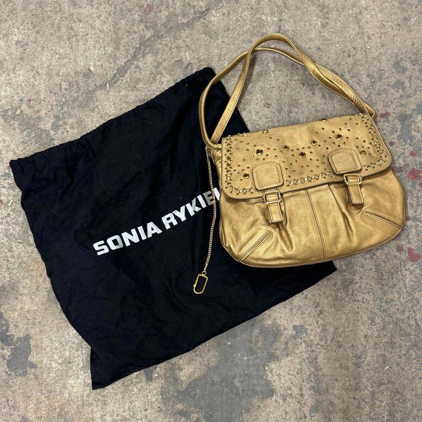 Y2K Gold Vintage Sonia Rykiel Embellished Leather Shoulder Bag