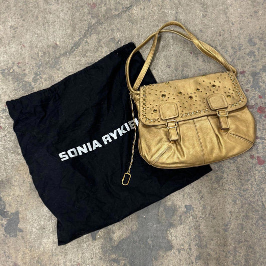 Y2K Gold Vintage Sonia Rykiel Embellished Leather Shoulder Bag
